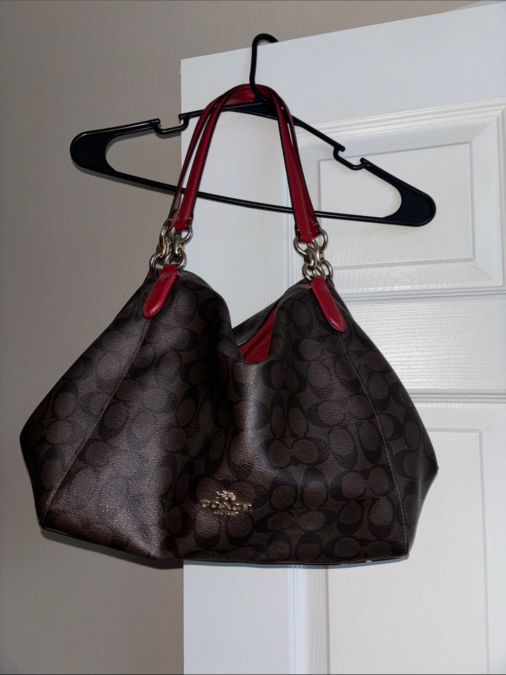 Coach Brown Signature Shoulder Bag with Red Trim